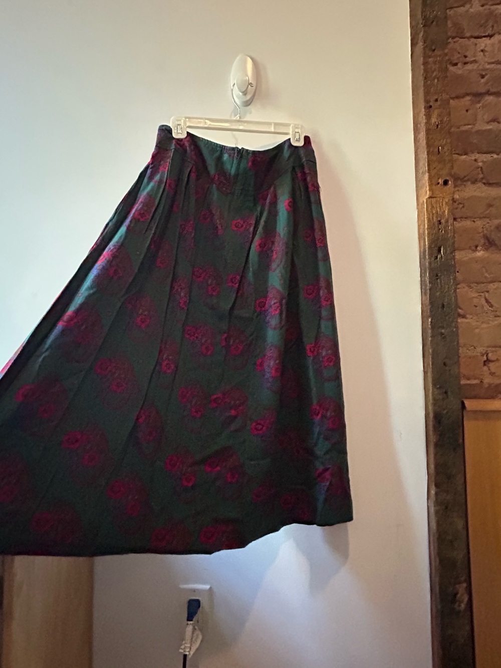 Dark Green Floral Midi Skirt with Pink Roses
